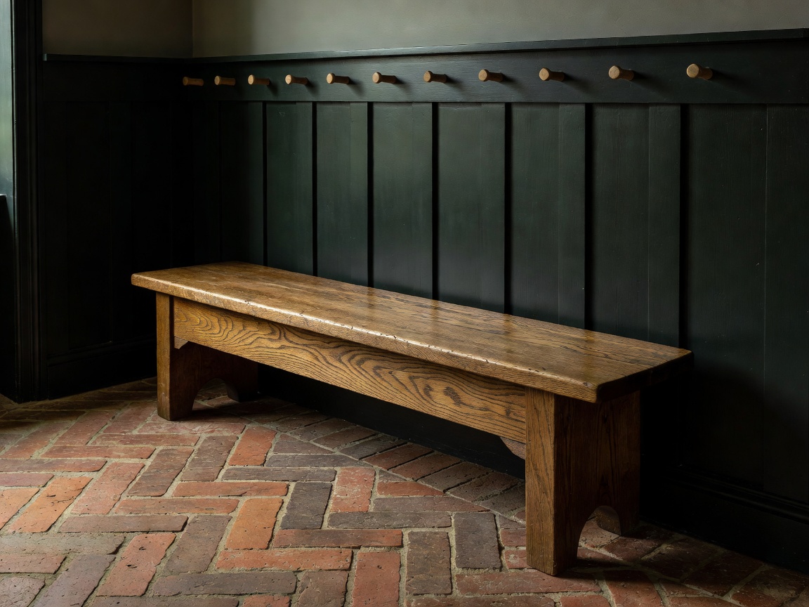 Cottage entryway featuring a solid oak bench, dark green wall paneling with shaker peg rail, and herringbone brick floor