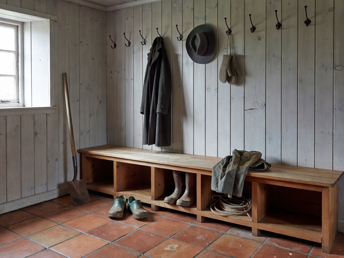 Cottage mudroom with tongue-and-groove paneling, bench seat, and terracotta floor tiles