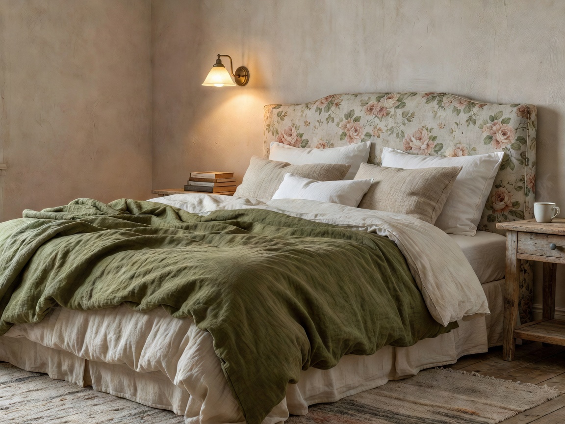Cozy cottage bedroom with muted floral headboard, layered olive linen duvet, and reading sconce