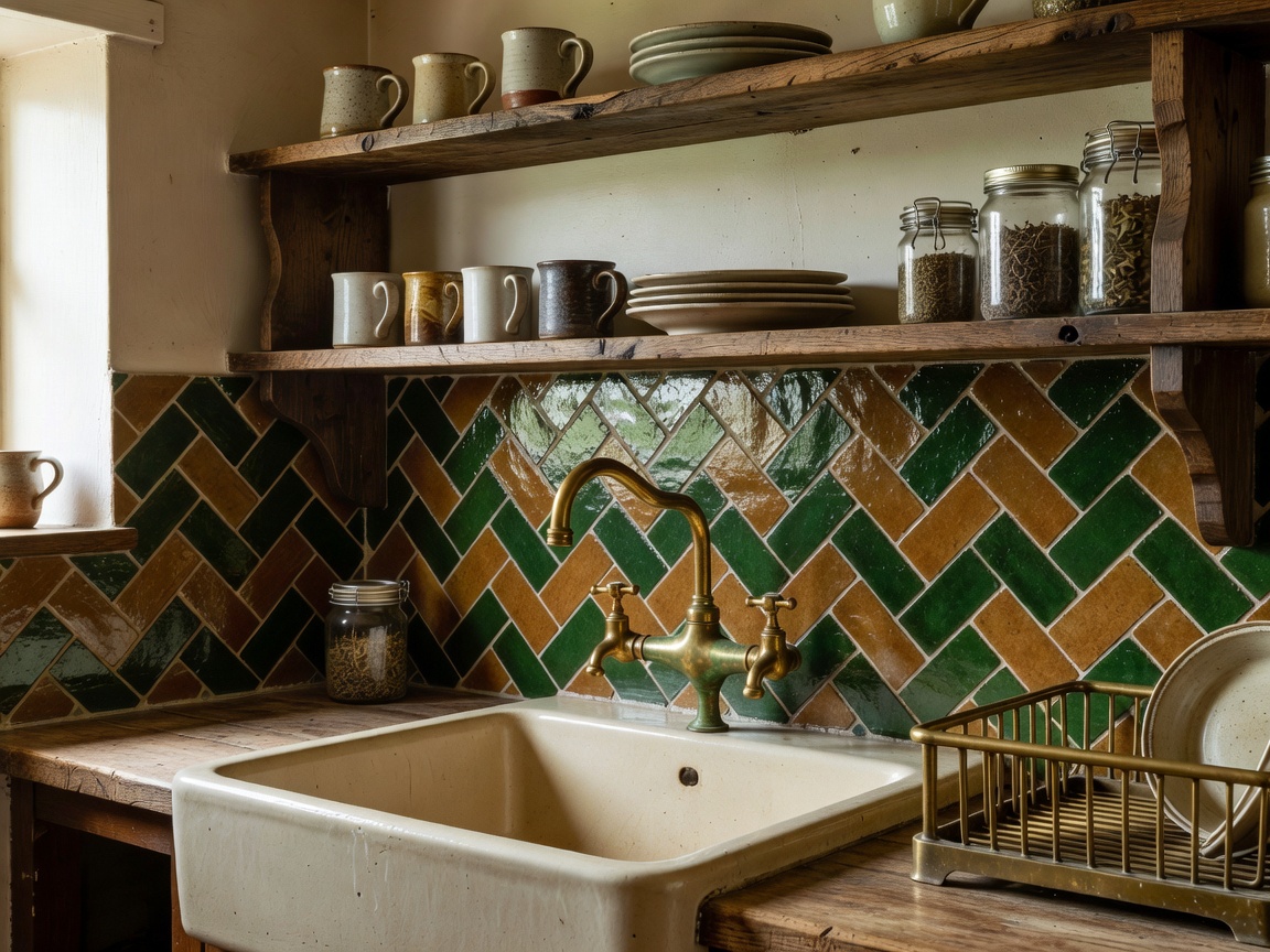 Detailed view of a cottage kitchen featuring timber shelves, glazed tiles, brass fixtures, and a deep fireclay sink