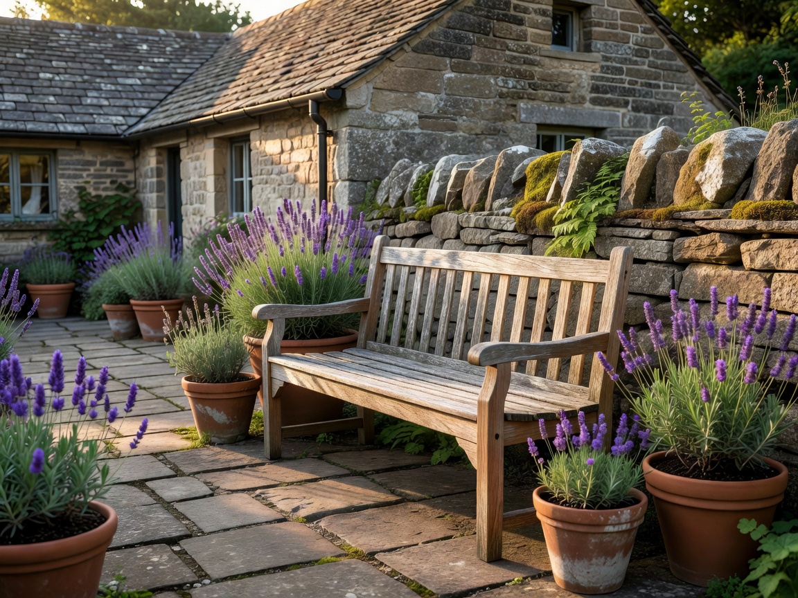 Flagstone cottage courtyard with weathered teak bench, potted lavender, and stone boundary wall
