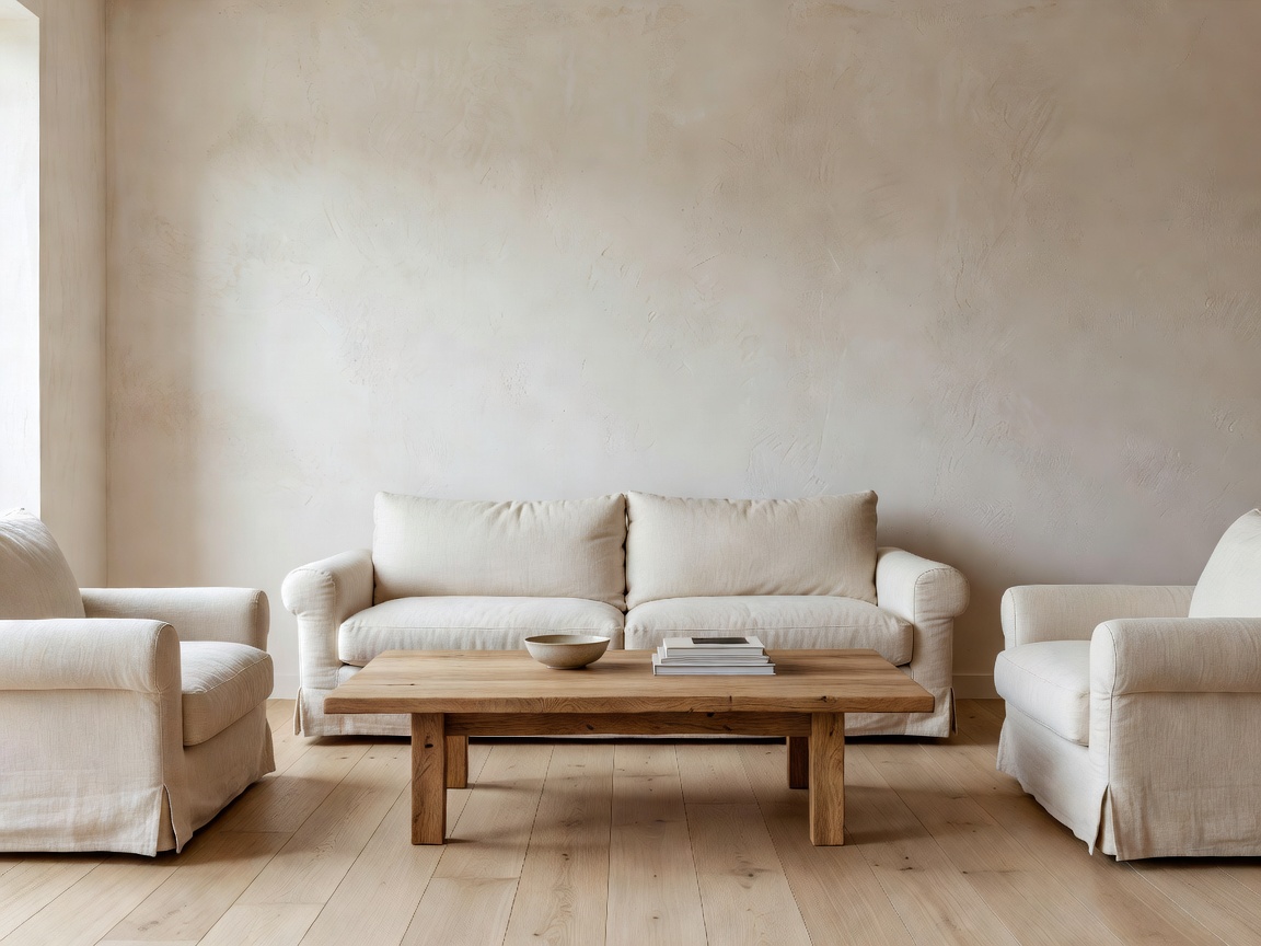 Living room with textured plaster walls, low solid oak coffee table, and Belgian linen upholstery