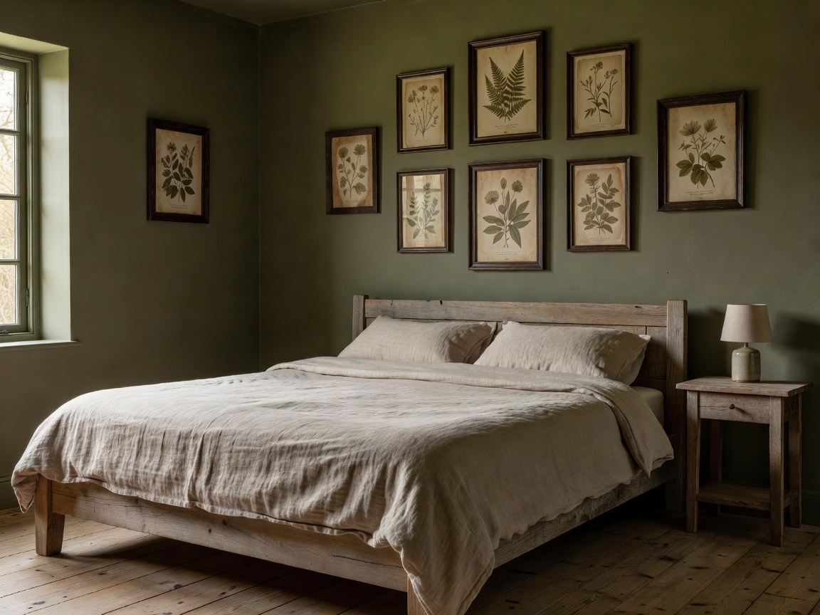 Serene cottage bedroom featuring olive green walls, flax linen bedspread, and botanical wall prints in dark timber frames
