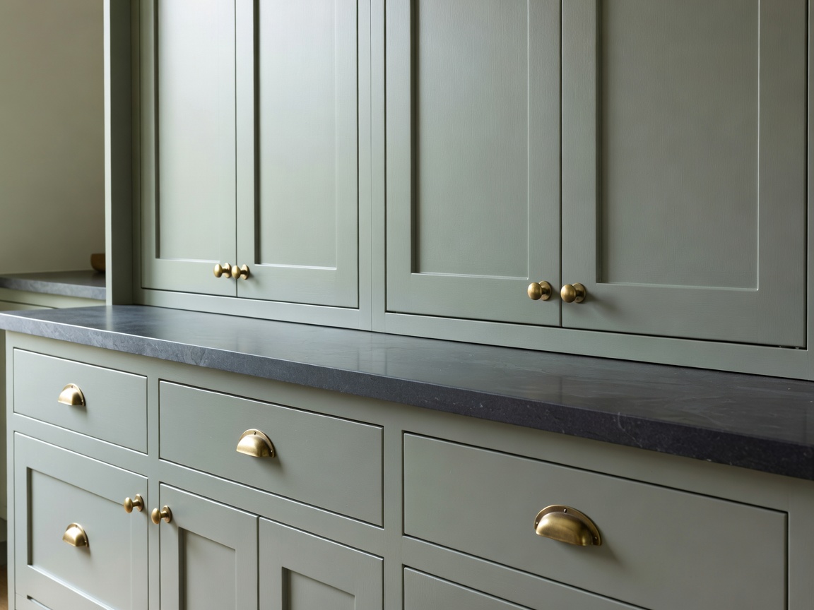 Shaker kitchen cabinetry in sage tone with soapstone worktop and brass cup handles