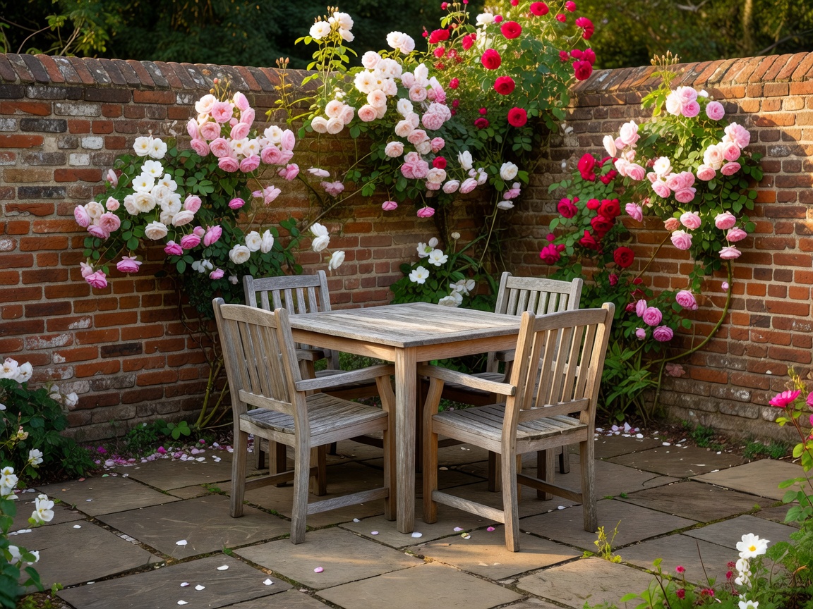 Small cottage garden courtyard with Yorkstone paving, weathered teak outdoor dining set, and climbing roses against a brick boundary wall