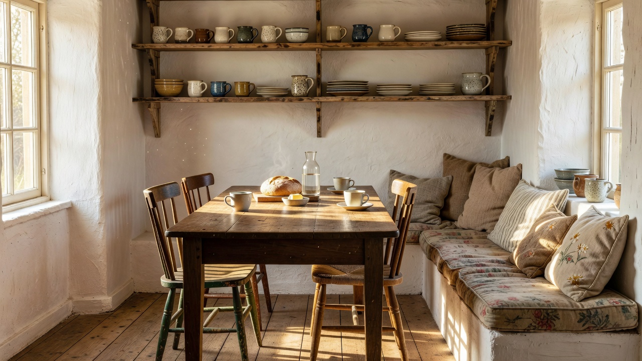 Sunlit cottage breakfast nook with timber table, limewashed walls, and open ceramic shelving