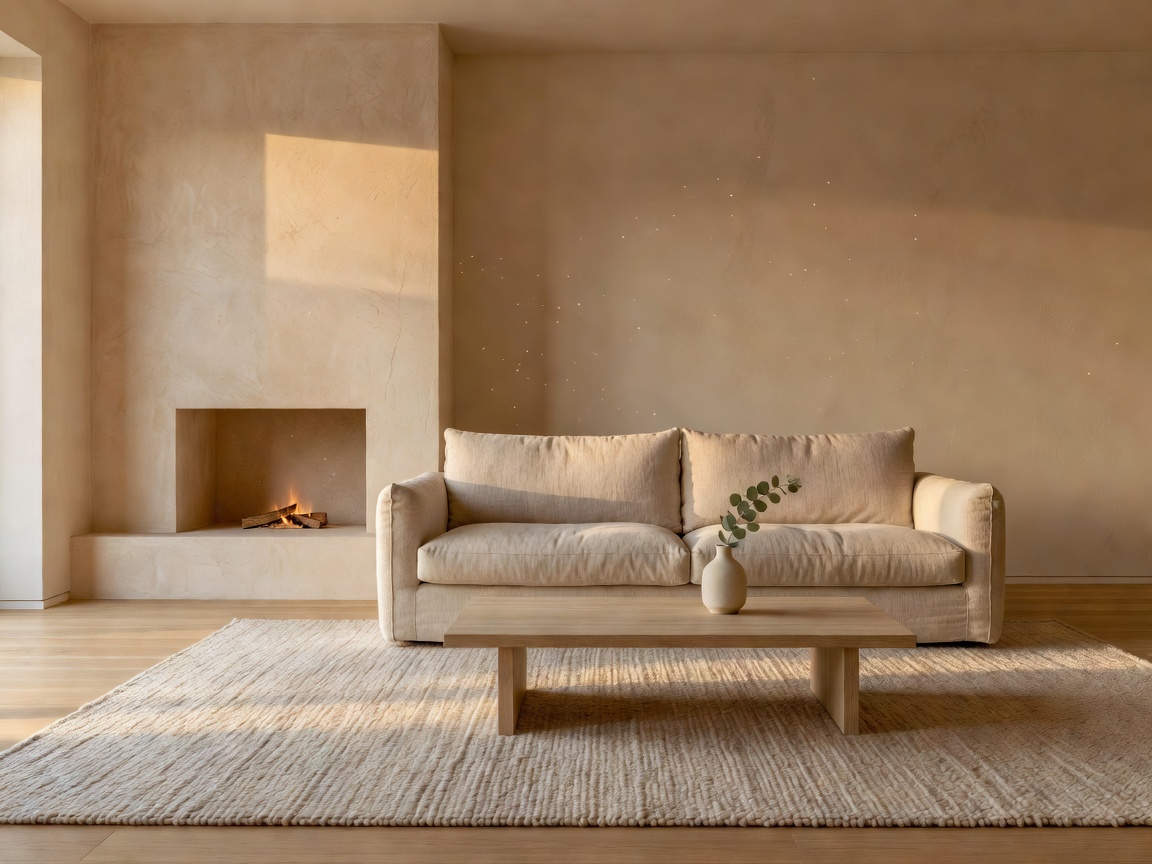 Warm minimalist living room with lime plaster hearth, textured wool rug, and linen sofa